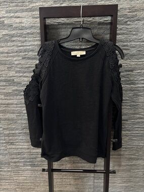 LOFT Black Cold-Shoulder Sweatshirt with Floral Applique